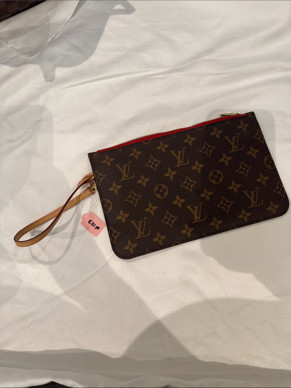 Louis Vuitton Monogram Wristlet Pouch in Brown with Red Trim